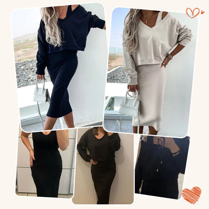 Ensemble 2 pièces pour femme: robe sans manches et pull à col en V